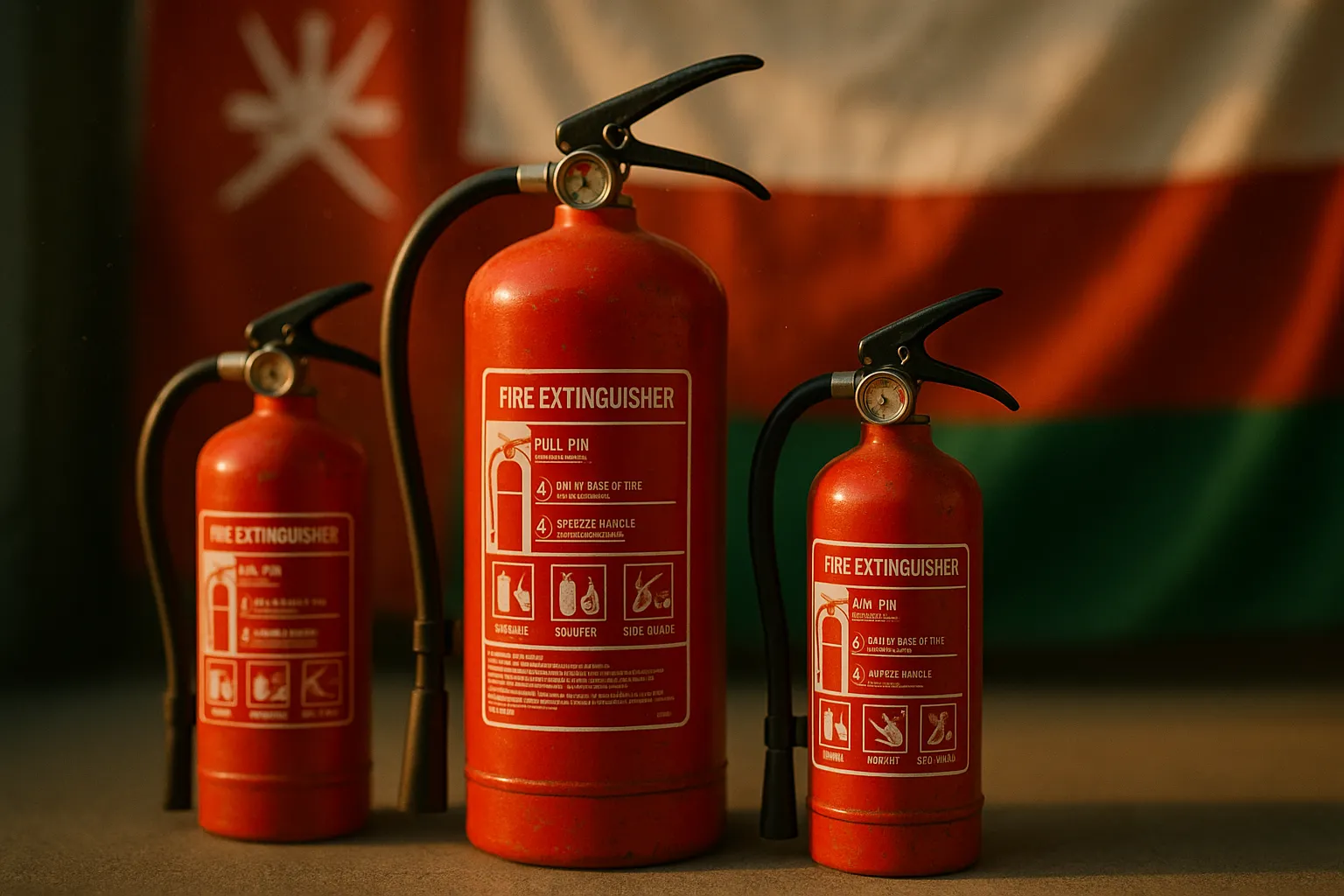 Row of fire extinguishers displayed by fire safety compliance company in Oman