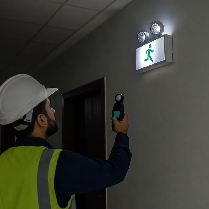 Emergency exit lighting inspection to ensure compliance with Oman fire safety codes