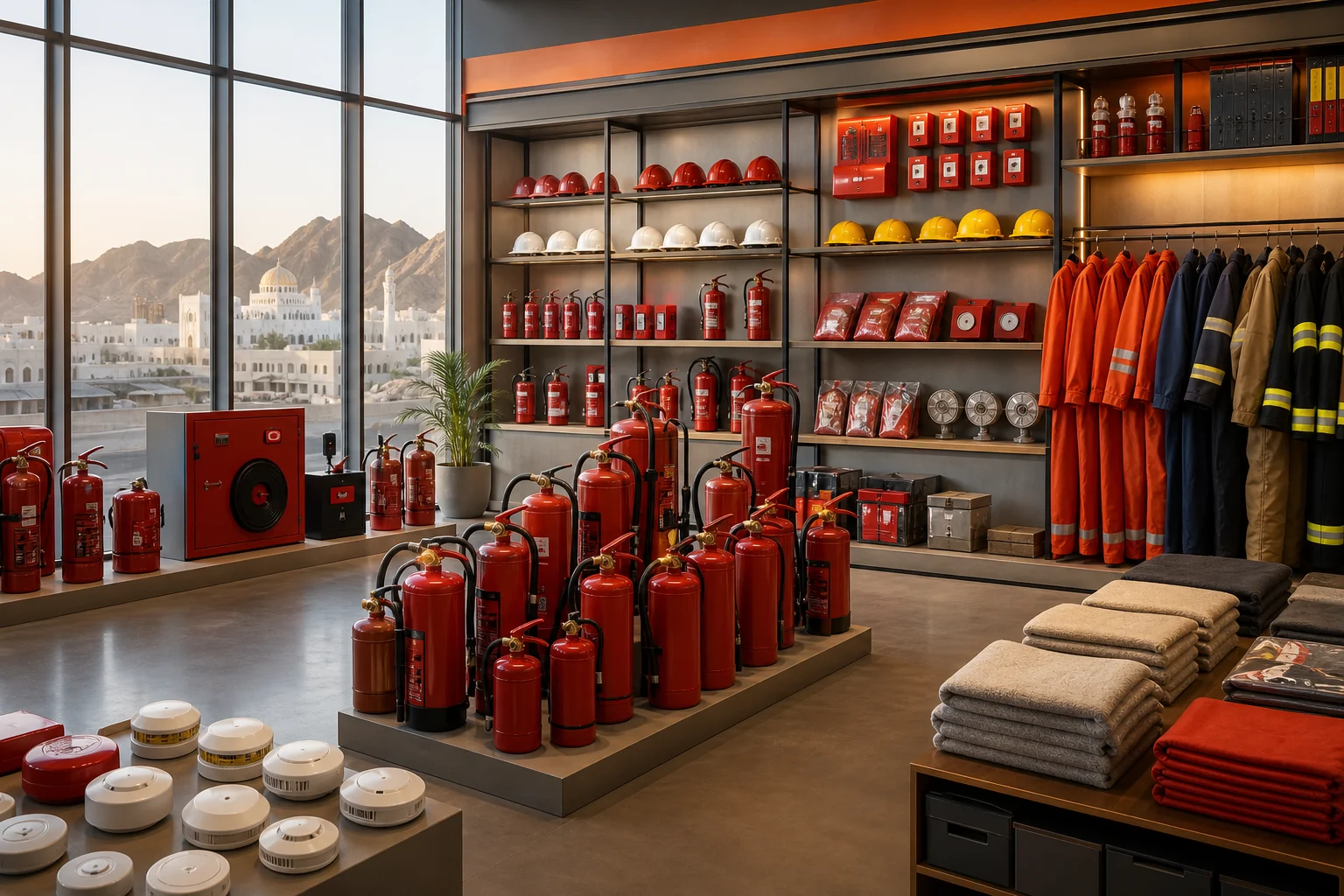 Original fire safety equipment showroom photo in Oman — extinguishers, helmets, and PPE by Al Ali Trading